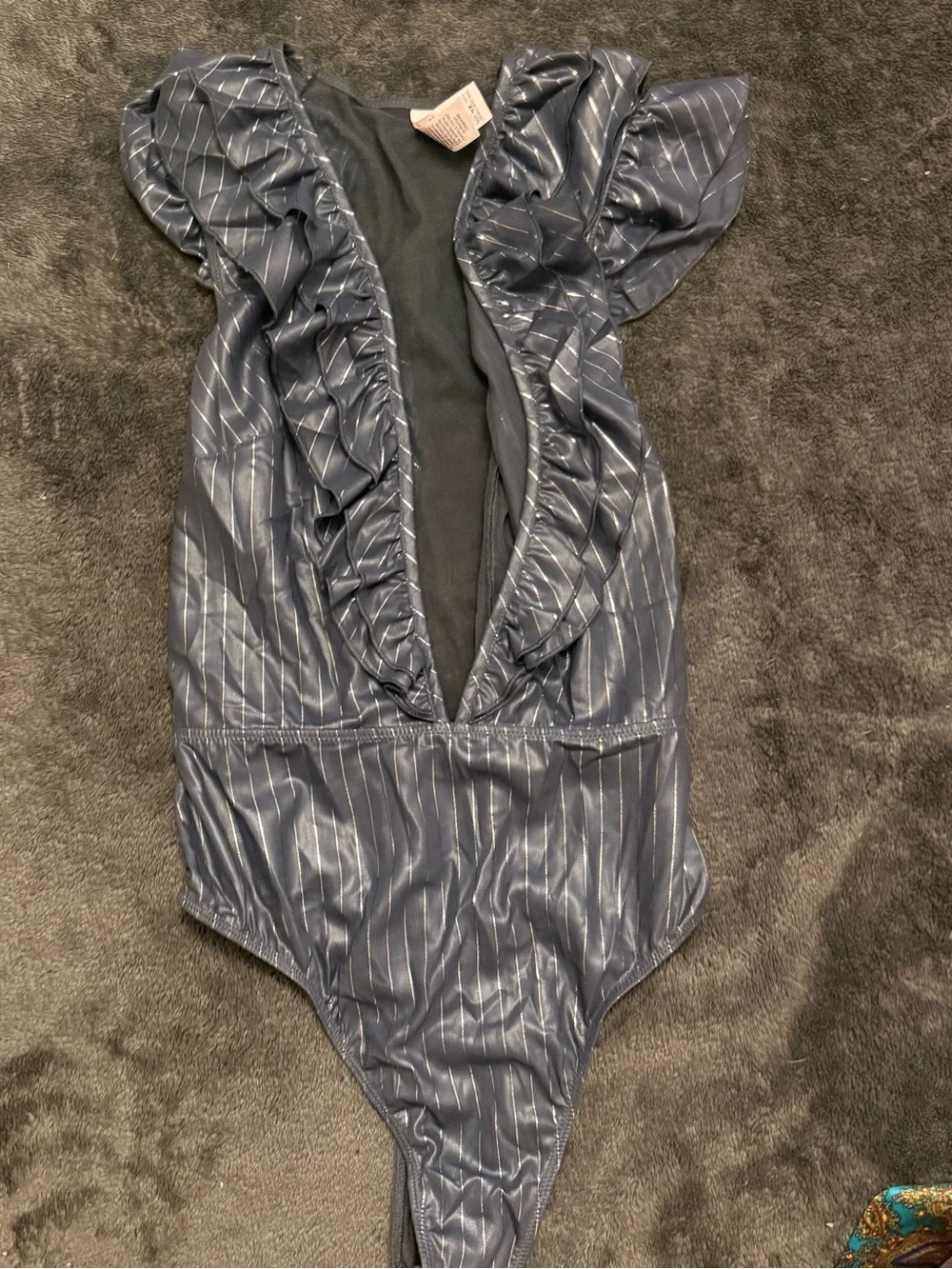 Victoria's Secret Navy Pinstripe Ruffle Deep-V Bodysuit